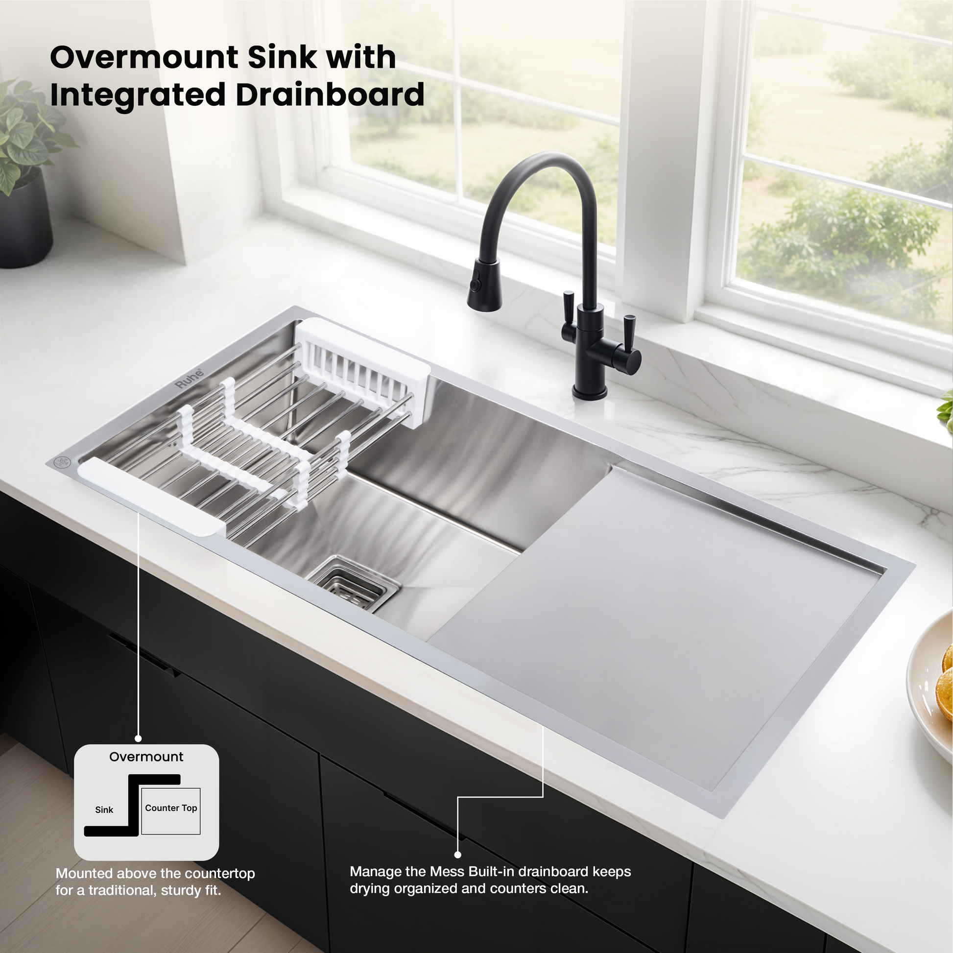 Handmade Single Bowl with Drainboard Kitchen Sink (37 x 18 x 10 Inches) Suitable for undermount and overmount