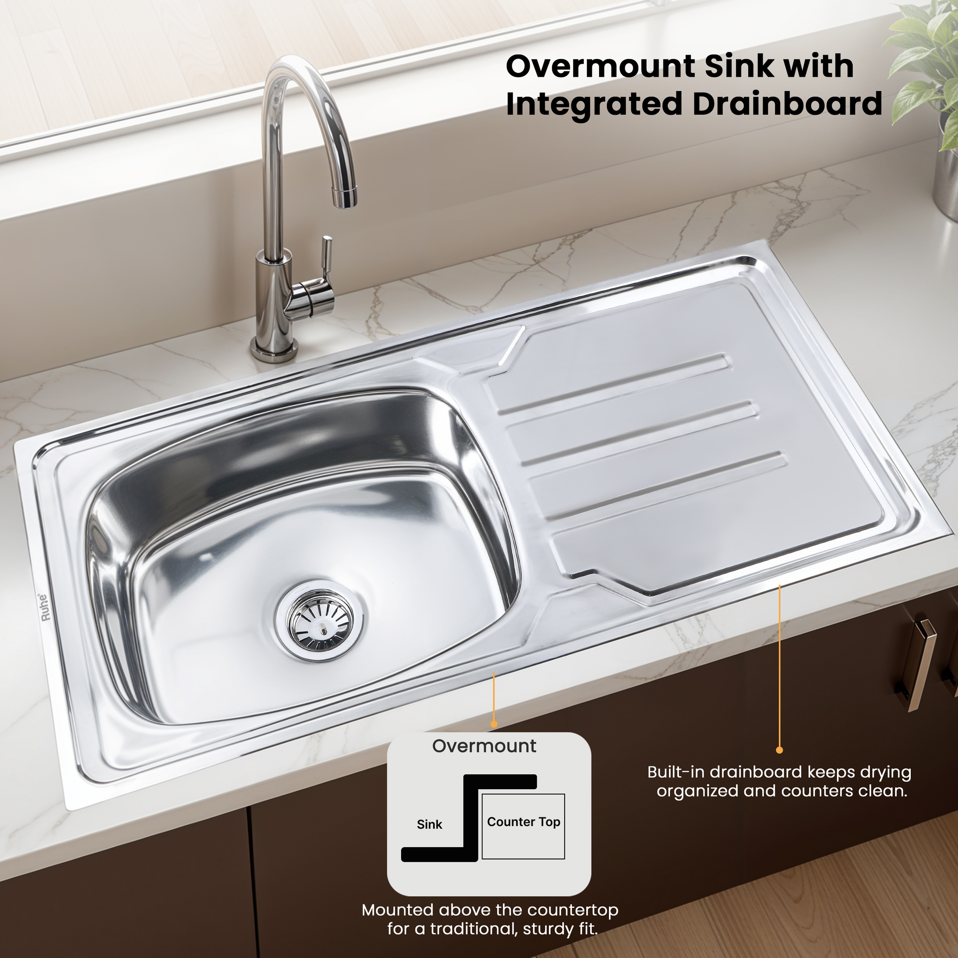 Oval Single Bowl with Drainboard Kitchen Sink (42 x 20 x 9 Inches), With Undermount and Overmount Installation