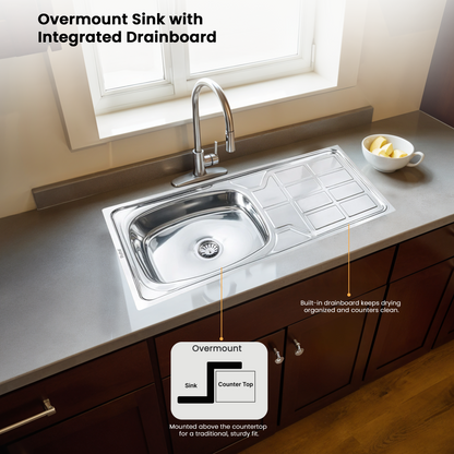 Oval Single Bowl with Drainboard Kitchen Sink (45 x 20 x 9 Inches)