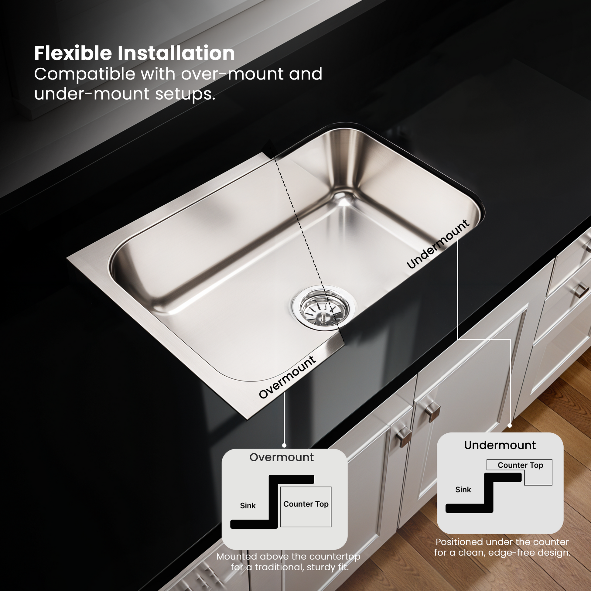 Single Bowl Kitchen Sink (26 x 20 x 9 Inches), With Undermount and Overmount Installation