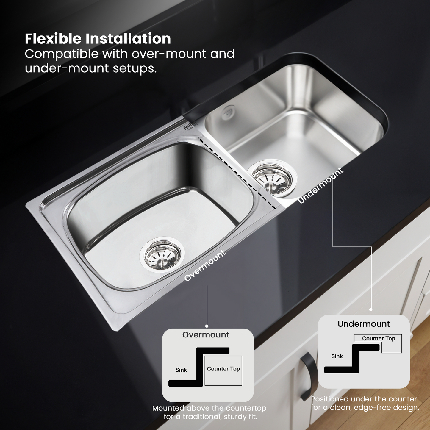 Double Bowl Kitchen Sink (45 x 20 x 9 Inches), With Undermount and Overmount Installation