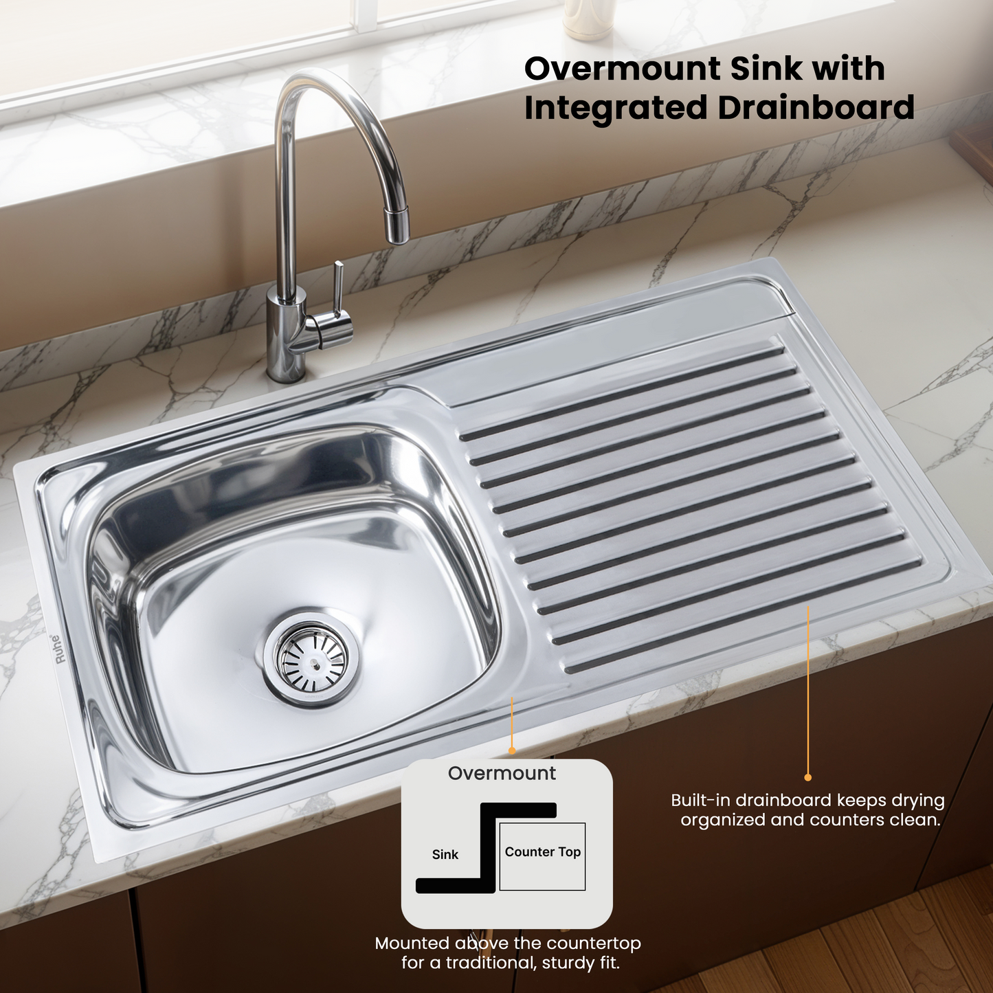 Oval Single Bowl Kitchen Sink (21 x 18 x 8 Inches), With Undermount and Overmount Installation