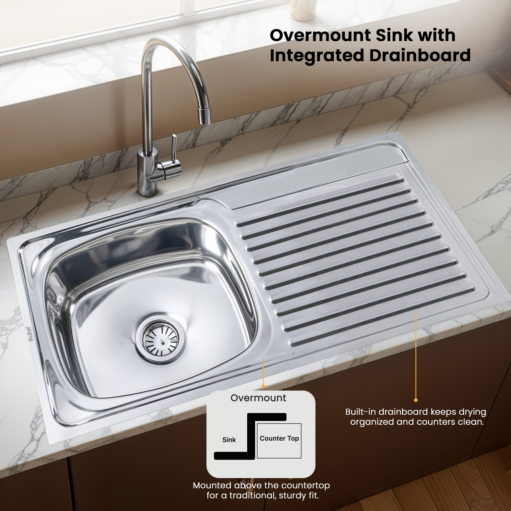 Oval Single Bowl Kitchen Sink (21 x 18 x 8 Inches), With Undermount and Overmount Installation