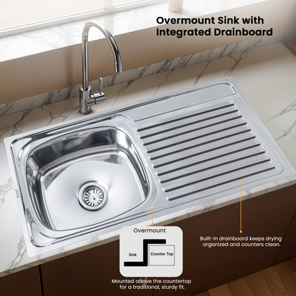 Oval Single Bowl Kitchen Sink (21 x 18 x 8 Inches), With Undermount and Overmount Installation