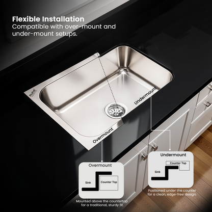 Oval Single Bowl Kitchen Sink (24 x 18 x 9 Inches), With Undermount and Overmount Installation