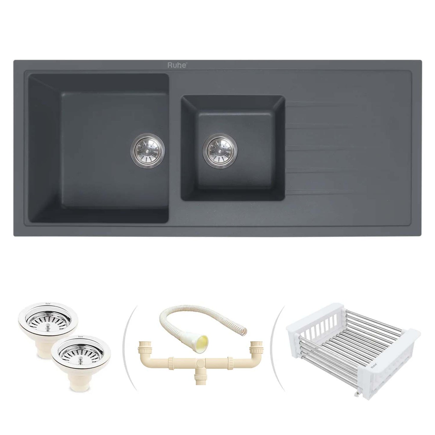 Quartz Double Bowl with Drainboard Kitchen Sink Crystal White (45 x 20 x 9 inches)