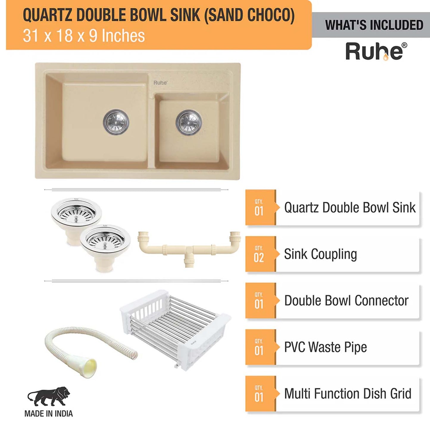 Quartz Double Bowl Kitchen Sink (31 x 18 x 9 Inches)
