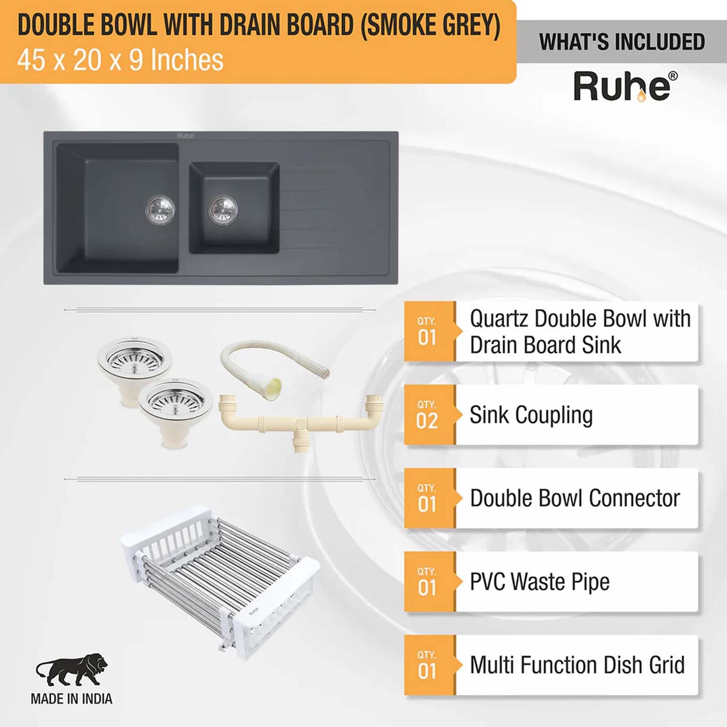 Quartz Double Bowl with Drainboard Kitchen Sink Crystal White (45 x 20 x 9 inches)
