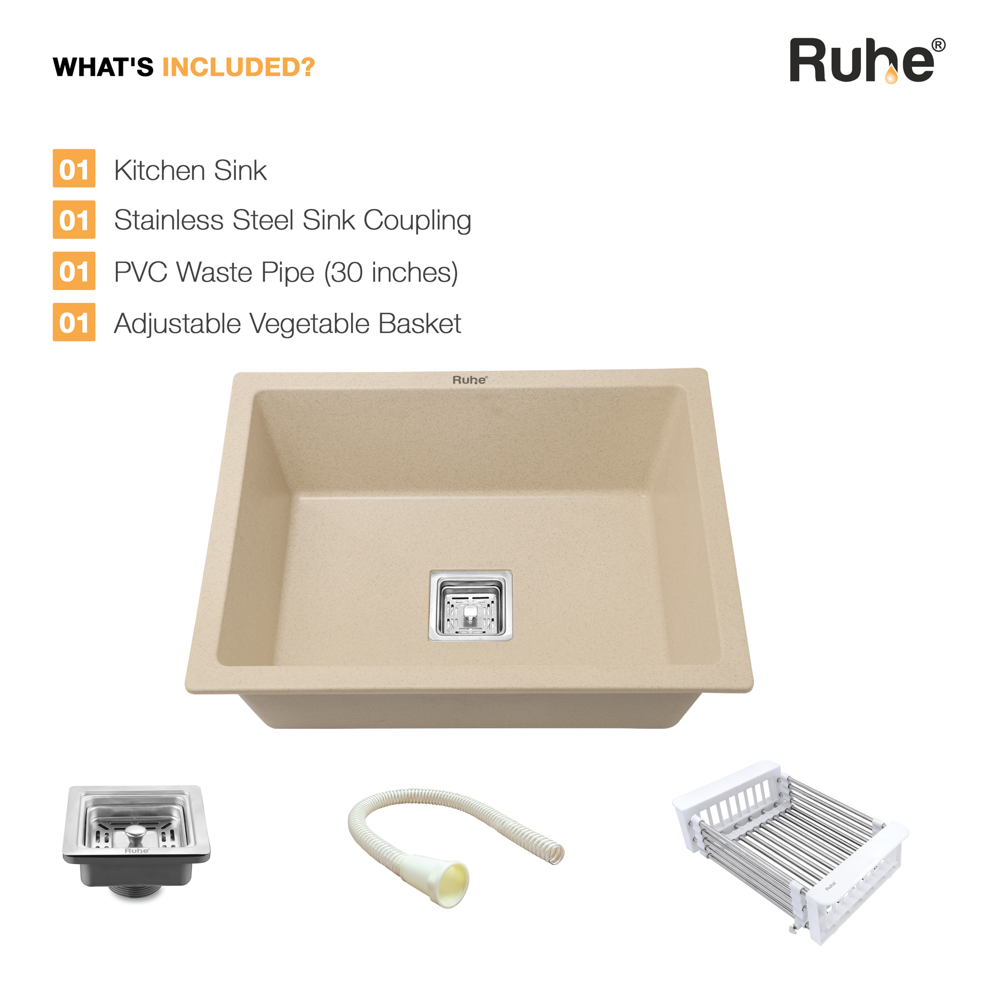 Sand Choco Quartz Single Bowl Kitchen Sink (24 x 18 x 9 Inches) (What's Included)