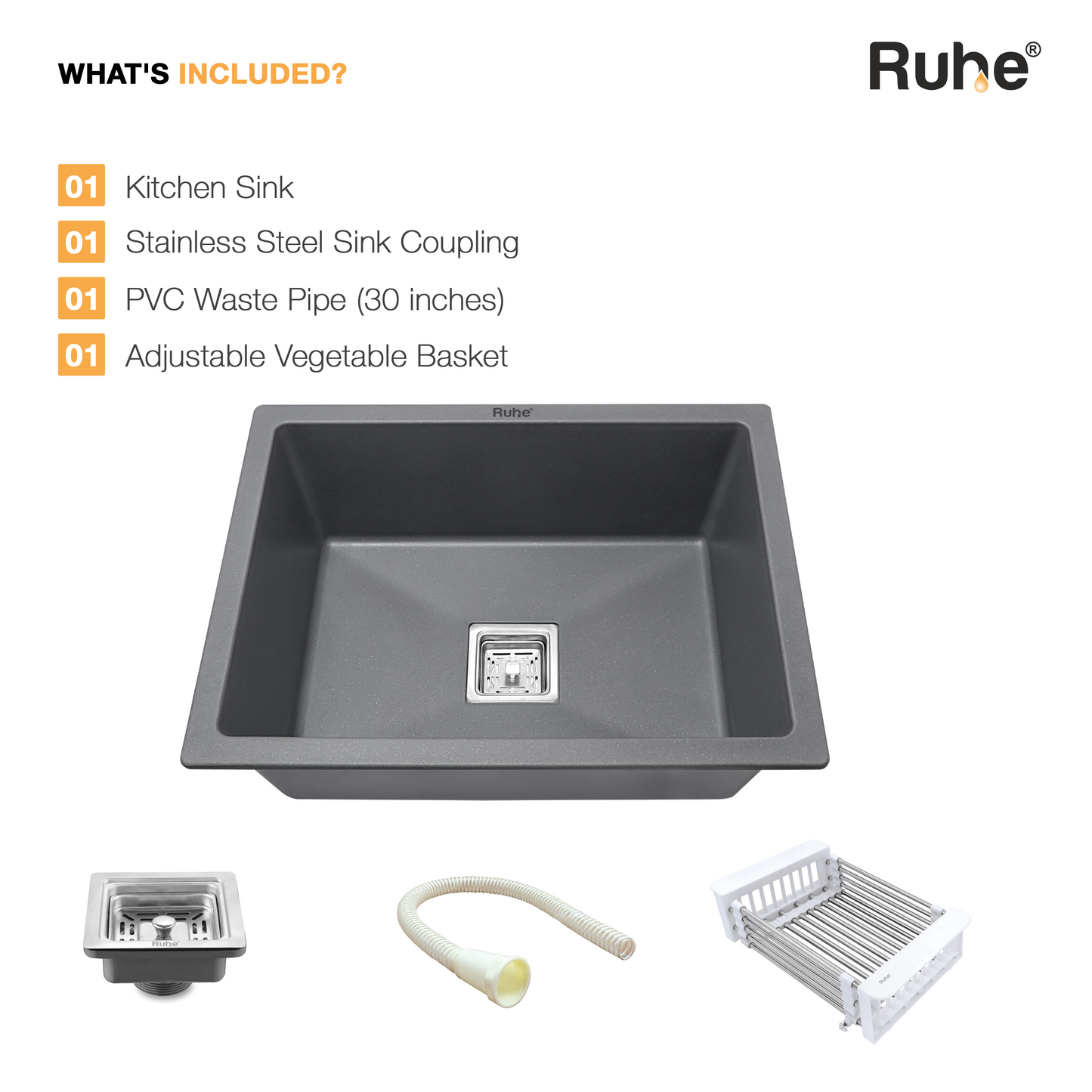 Smoke Grey Quartz Single Bowl Kitchen Sink (24 x 18 x 9 Inches) (What's Included)