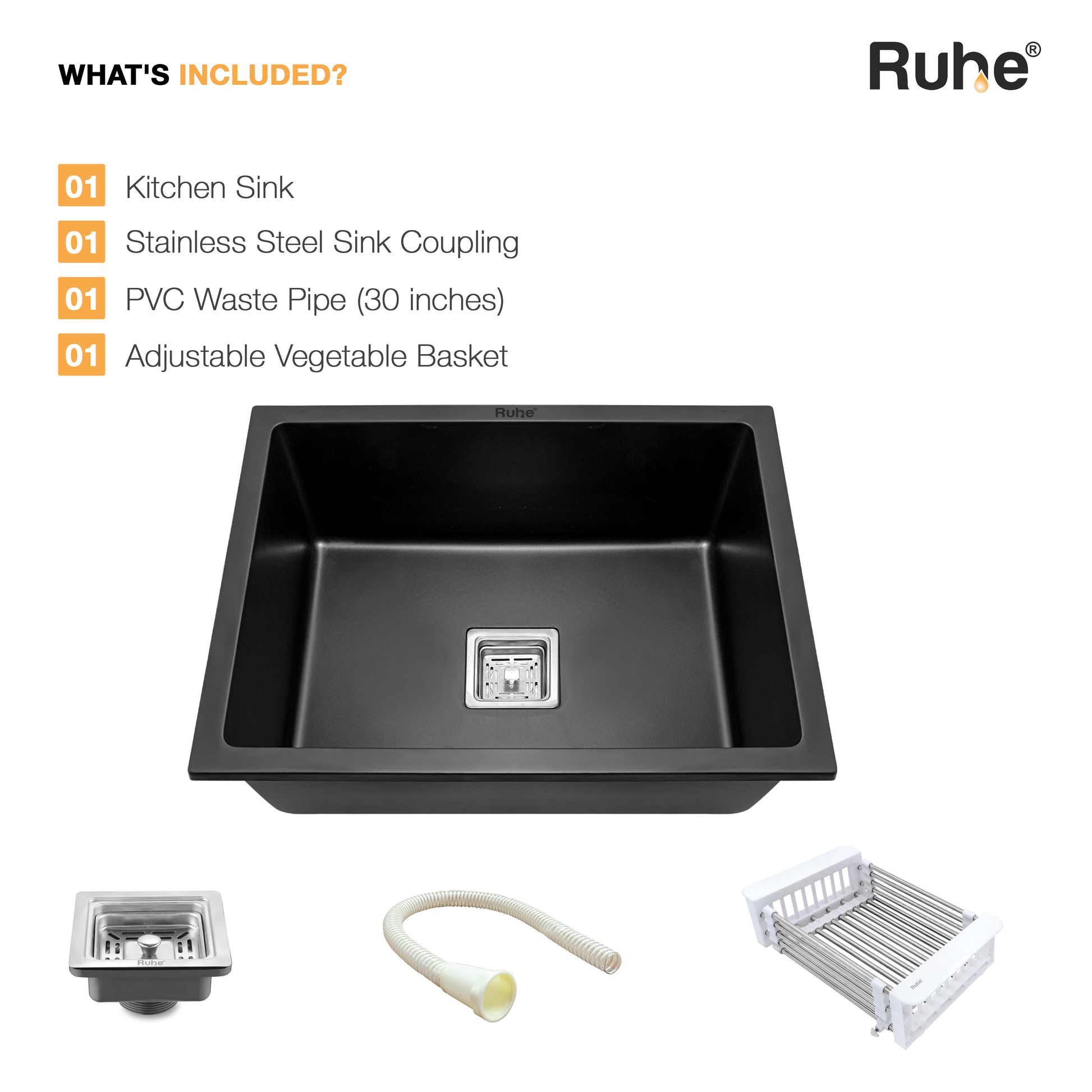 Black Quartz Single Bowl Kitchen Sink (24 x 18 x 9 Inches) (What's Included)
