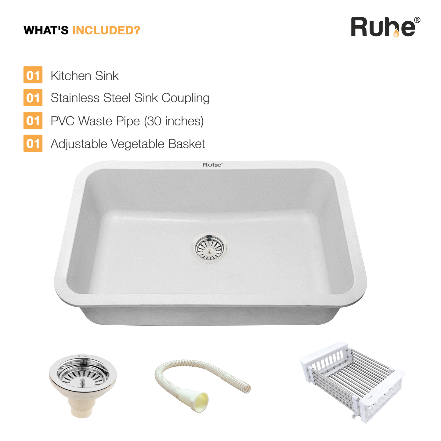 Crystal White Quartz Single Bowl Kitchen Sink (31 x 19 x 9 Inches) (What's Included)
