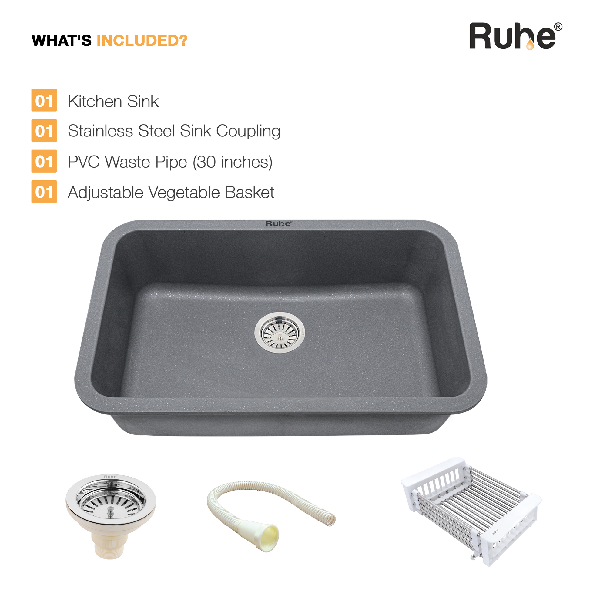 Smoke Grey Quartz Single Bowl Kitchen Sink (31 x 19 x 9 Inches) (What's Included)