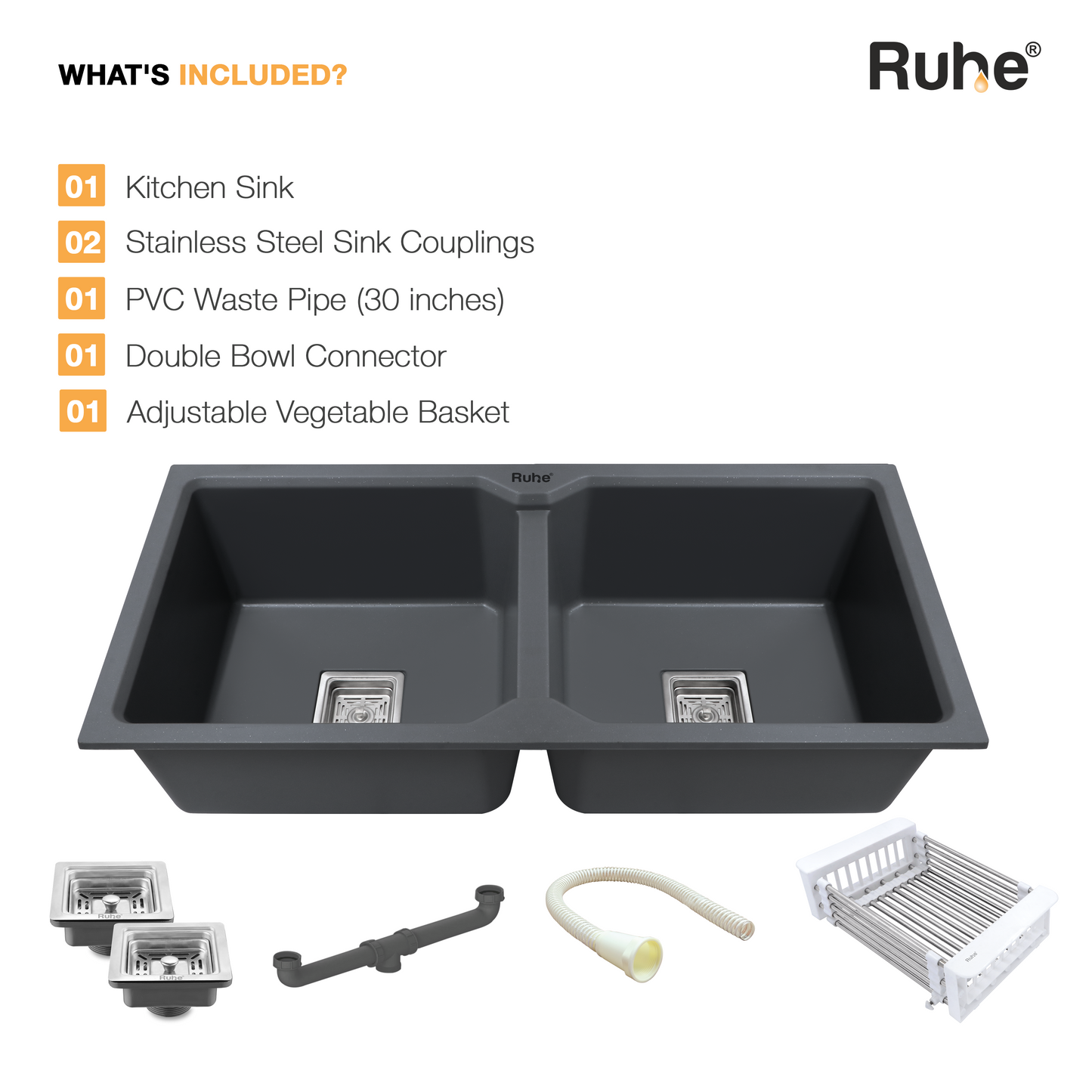 Quartz Double Bowl Kitchen Sink (45 x 20 x 9 inches)