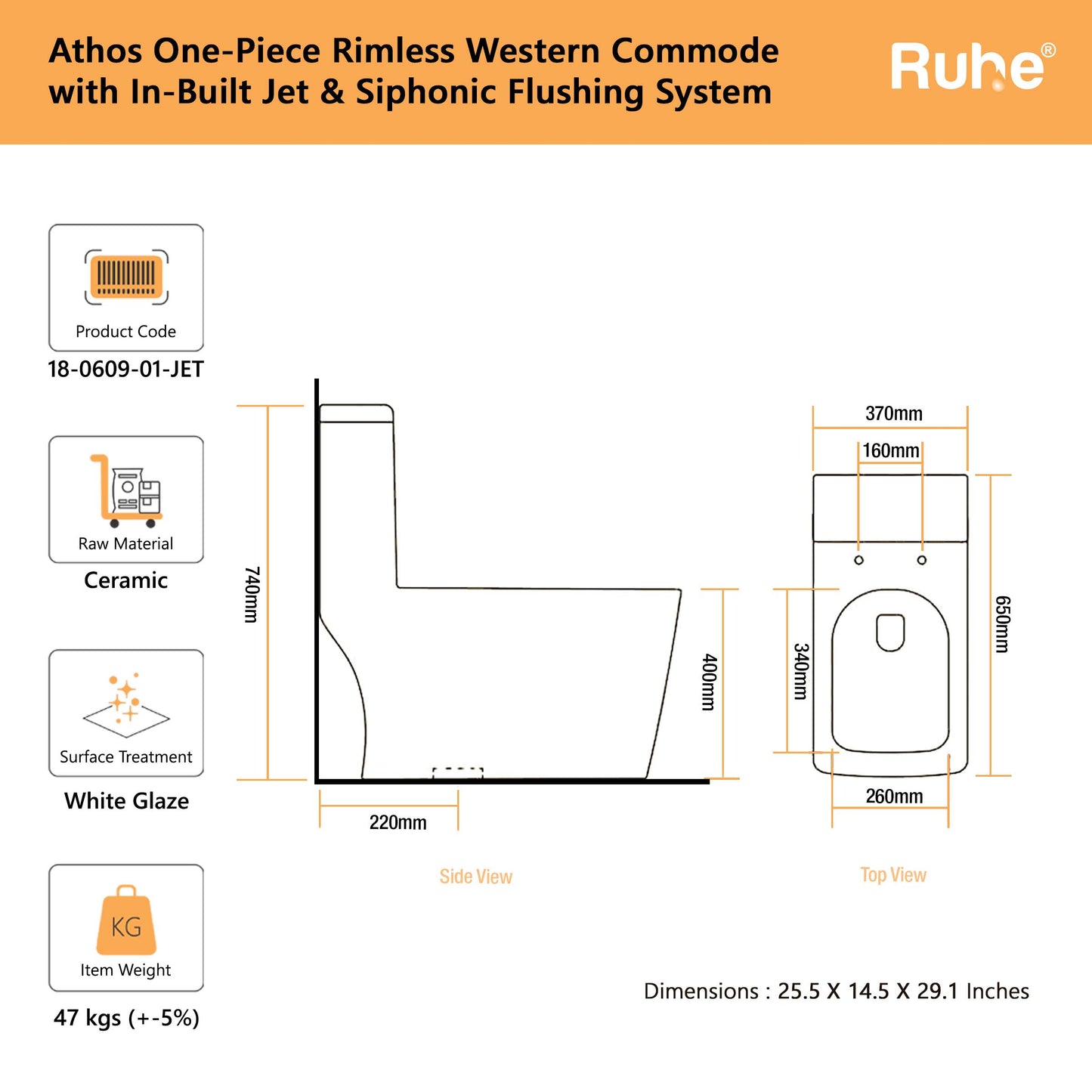 Athos One Piece Western Commode with Built-In Jet(Dimensions)