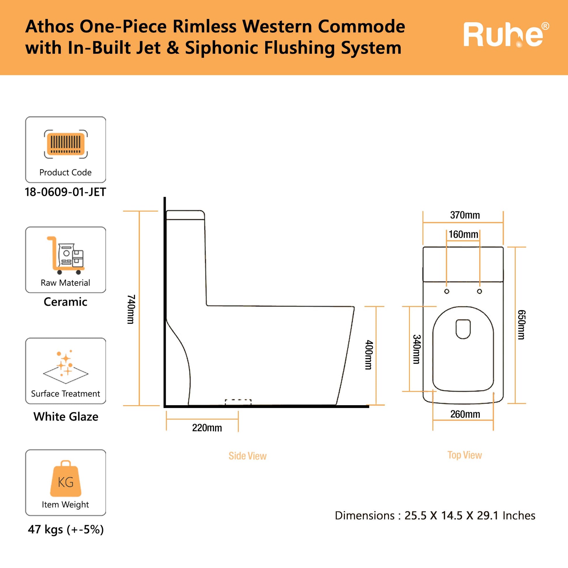 Athos One Piece Western Commode with Built-In Jet(Dimensions)