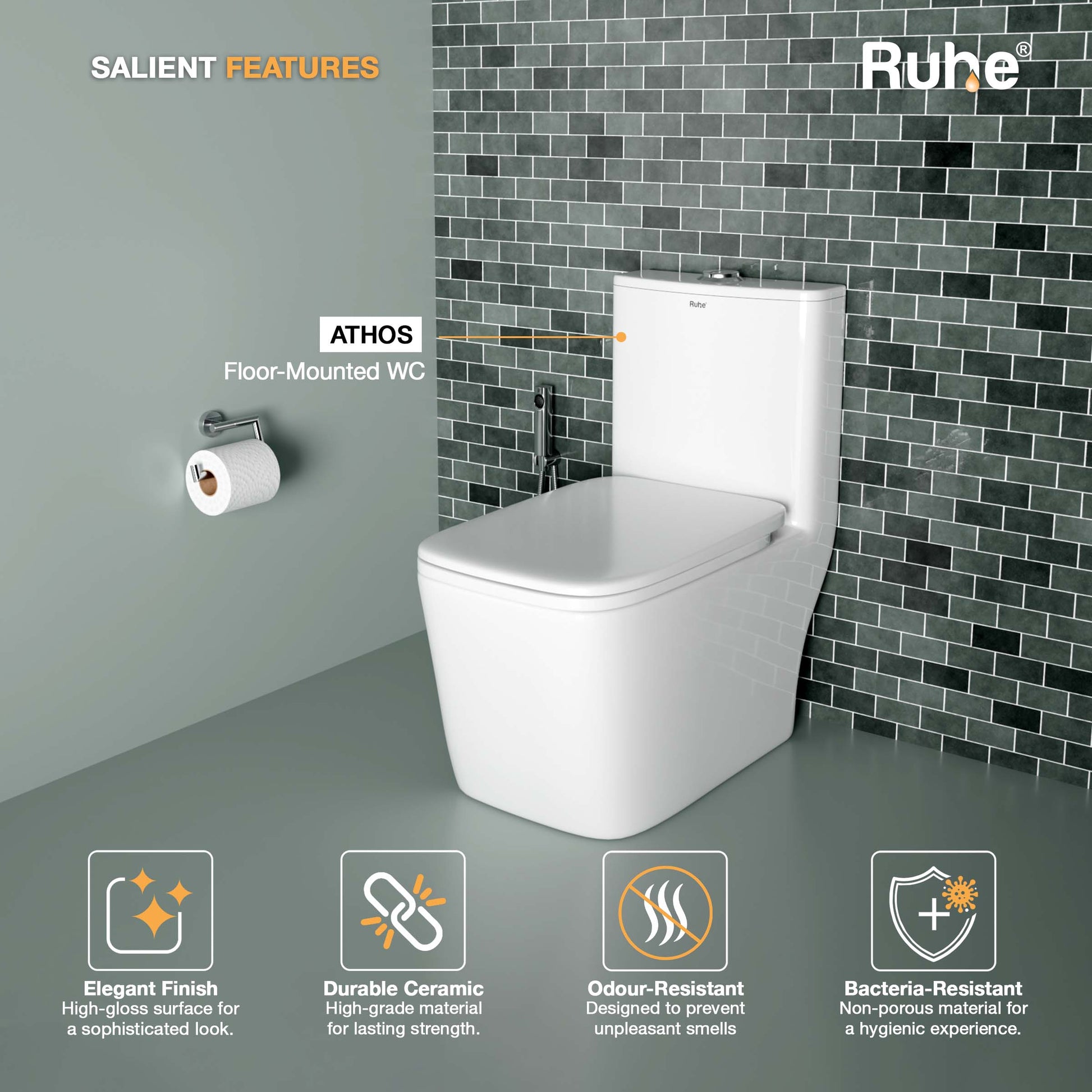 Athos One Piece Western Commode with Built-In Jet, Salient Features