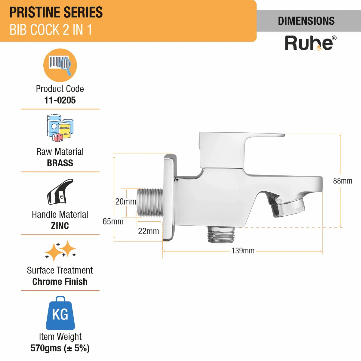 Pristine Two Way Bib Tap Faucet dimensions and size