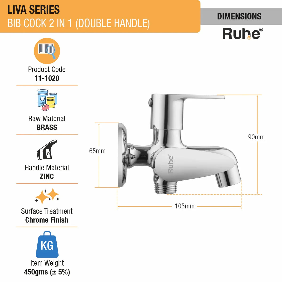 Liva Two Way Bib Tap Brass Faucet (Double Handle) dimensions and size