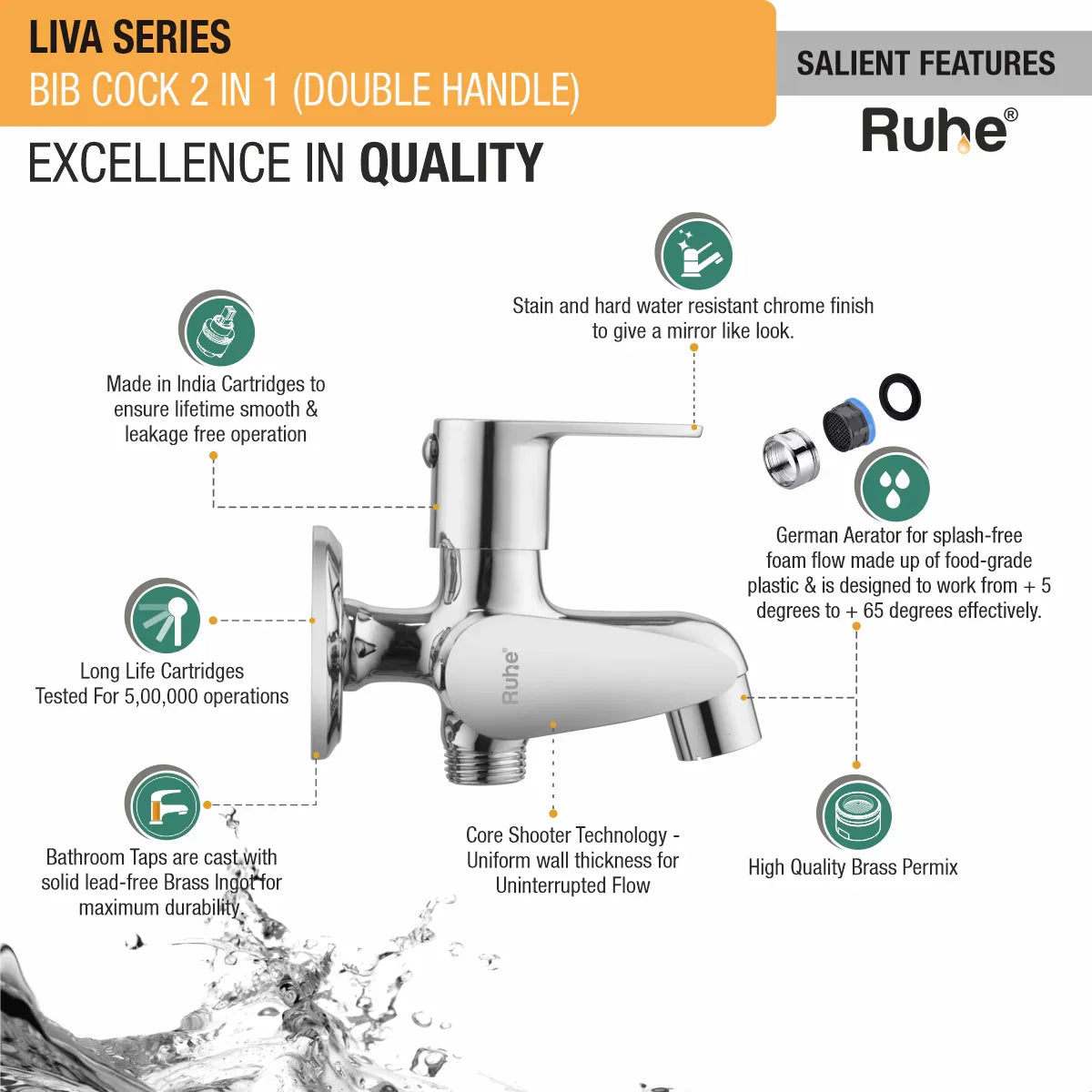 Liva Two Way Bib Tap Brass Faucet (Double Handle) features