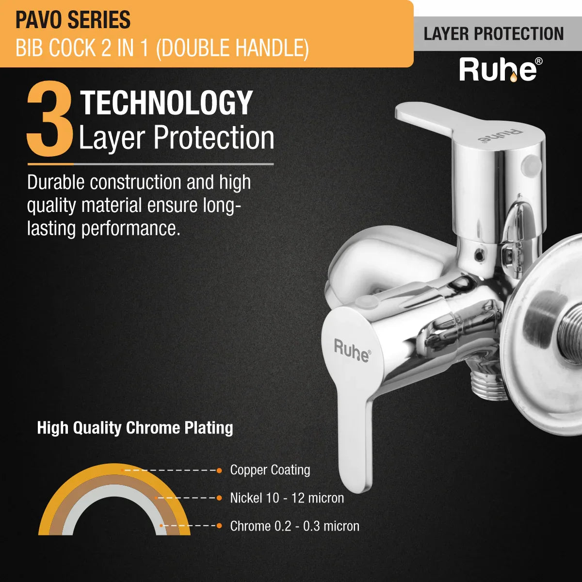 Pavo Two Way Bib Tap Brass Faucet (Double Handle) 3 layer protection