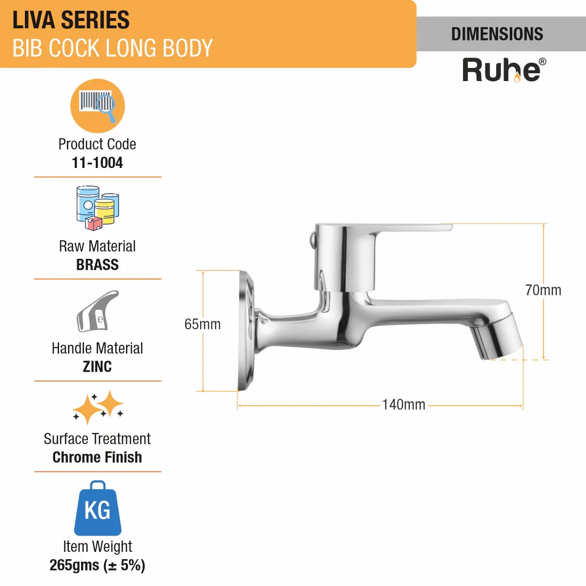 Liva Bib Tap Long Body Brass Faucet dimensions and size