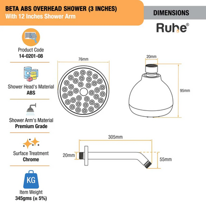 Beta ABS Overhead Shower (3 Inches) With 12 Inches Shower Arm Dimensions