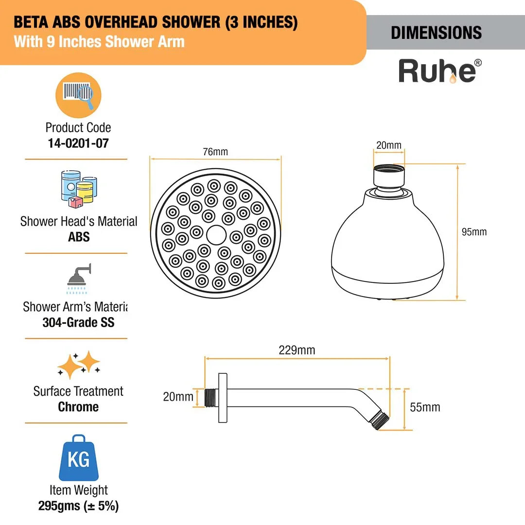 Beta ABS Overhead Shower (3 Inches) With 9 Inches Shower Arm Dimensions
