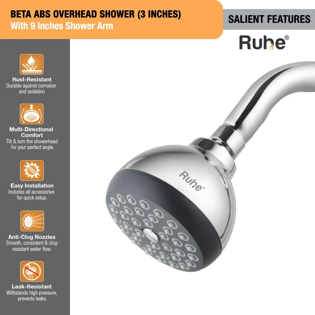 Beta ABS Overhead Shower (3 Inches) With 9 Inches Shower Arm Salient Features