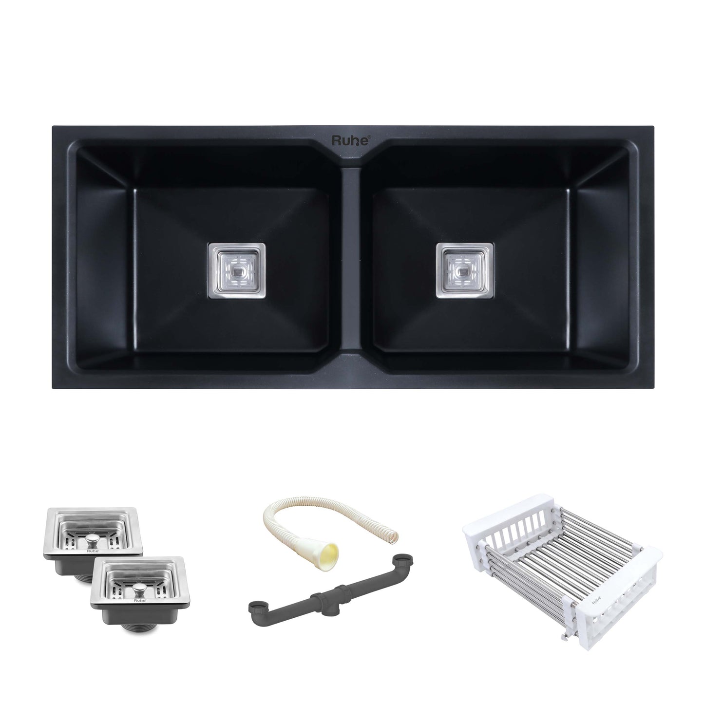 Black Quartz Double Bowl Kitchen Sink (37 x 18 x 9 Inches) 