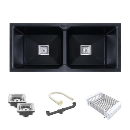 Black Quartz Double Bowl Kitchen Sink (37 x 18 x 9 Inches) 