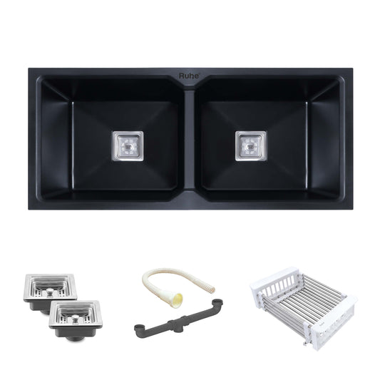 Black Quartz Double Bowl Kitchen Sink (37 x 18 x 9 Inches) 