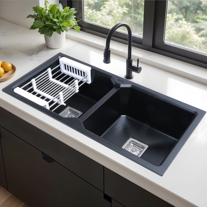 Black Quartz Double Bowl Kitchen Sink (37 x 18 x 9 Inches) (Lifestyle)