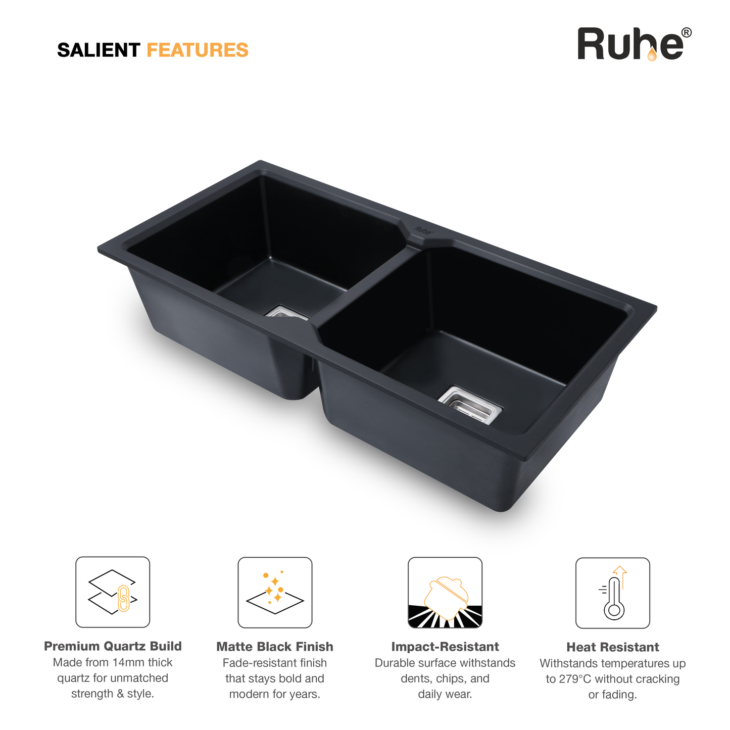 Black Quartz Double Bowl Kitchen Sink (37 x 18 x 9 Inches) (Salient Features)