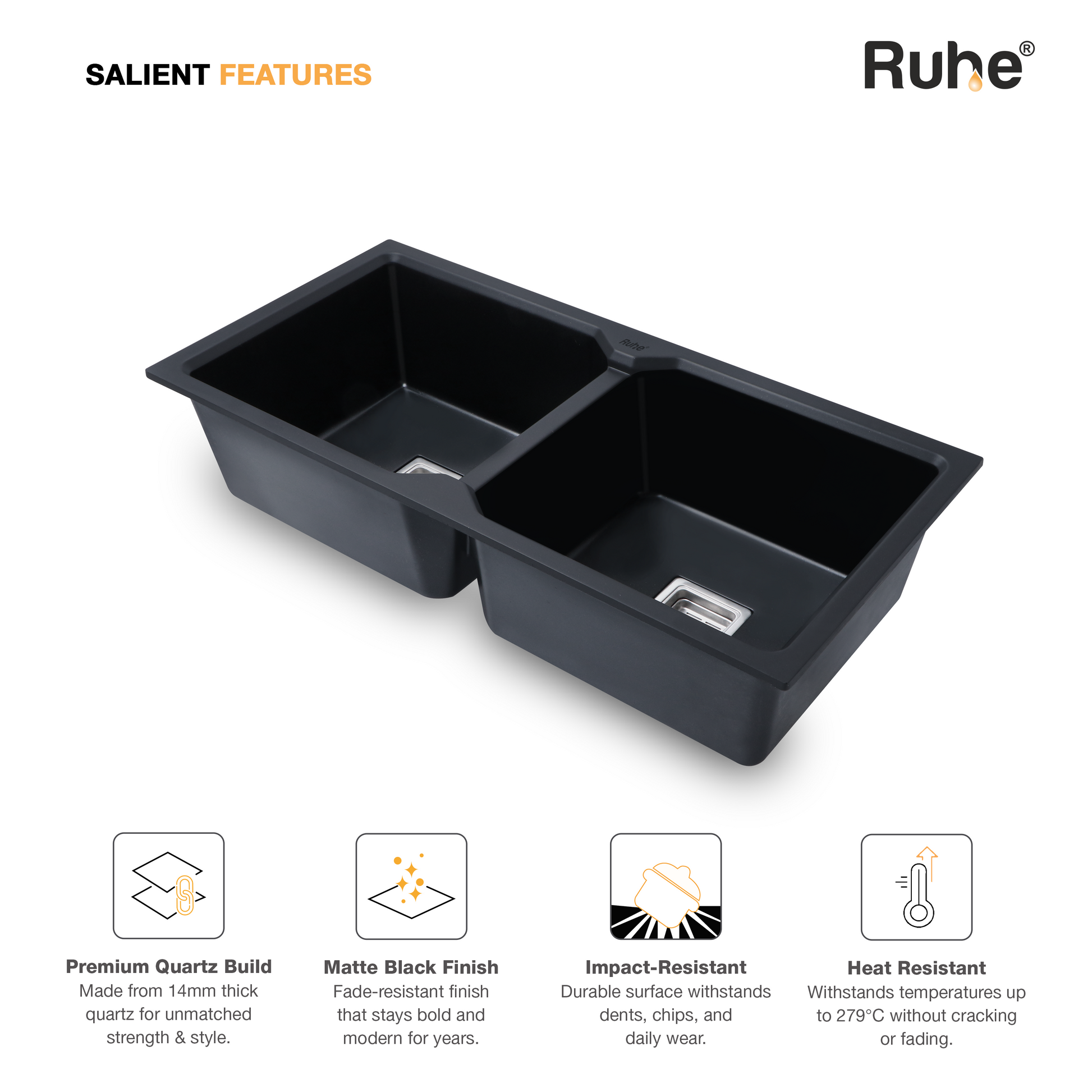 Black Quartz Double Bowl Kitchen Sink (37 x 18 x 9 Inches) (Salient Features)