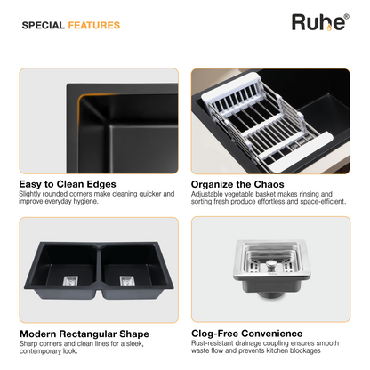 Black Quartz Double Bowl Kitchen Sink (37 x 18 x 9 Inches) (Special Features)
