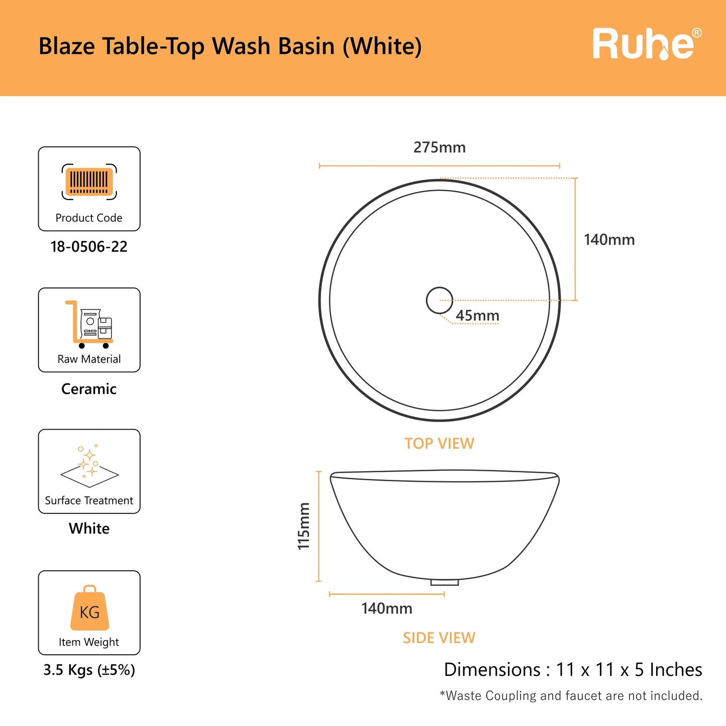 Blaze Table Top Wash Basin (dimensions)