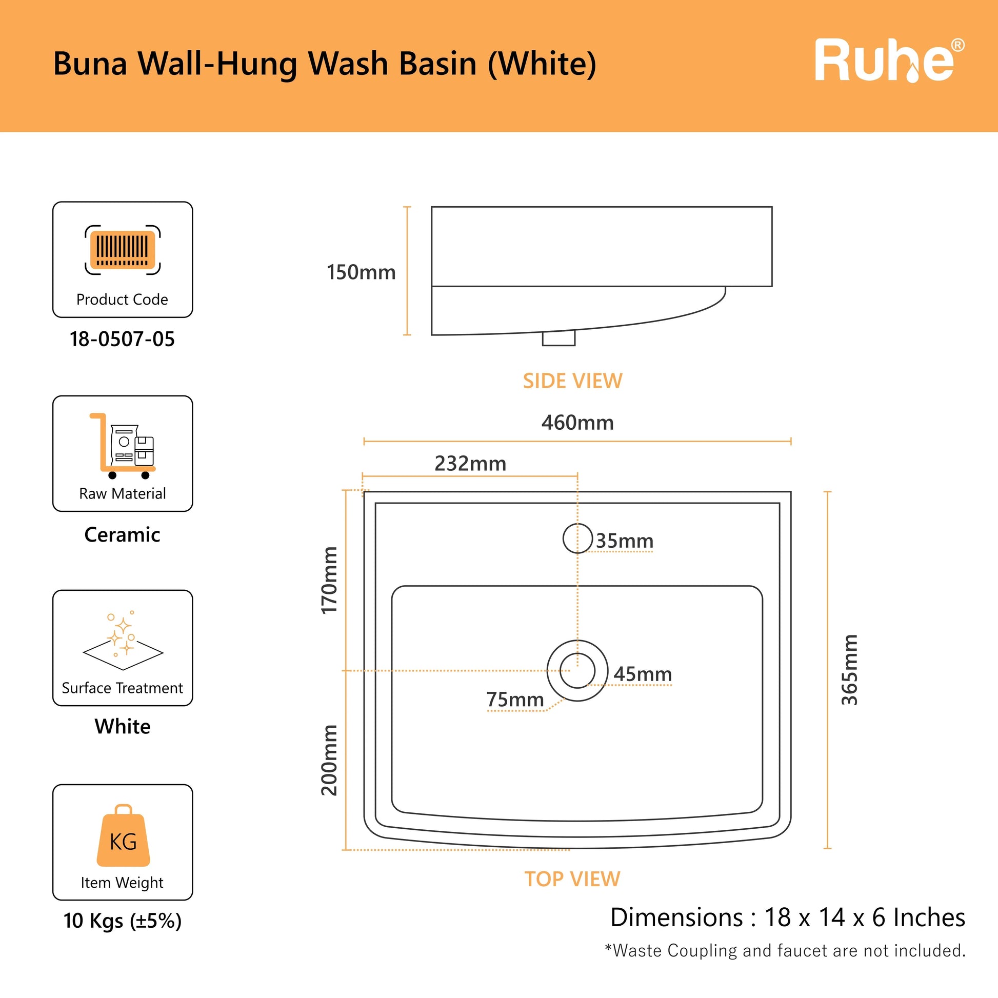 Buna Wall-hung Wash Basin (dimensions)