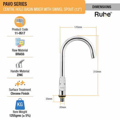 Pavo Centre Hole Basin Mixer with Small (12 inches) Round Swivel Spout Faucet dimensions and size
