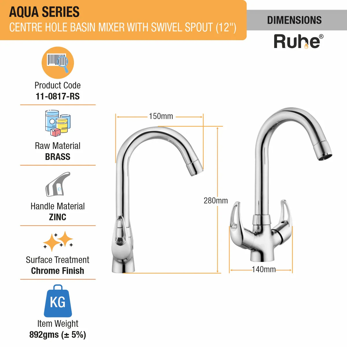Aqua Centre Hole Basin Mixer with Small (12 inches) Round Swivel Spout Faucet dimensions and size