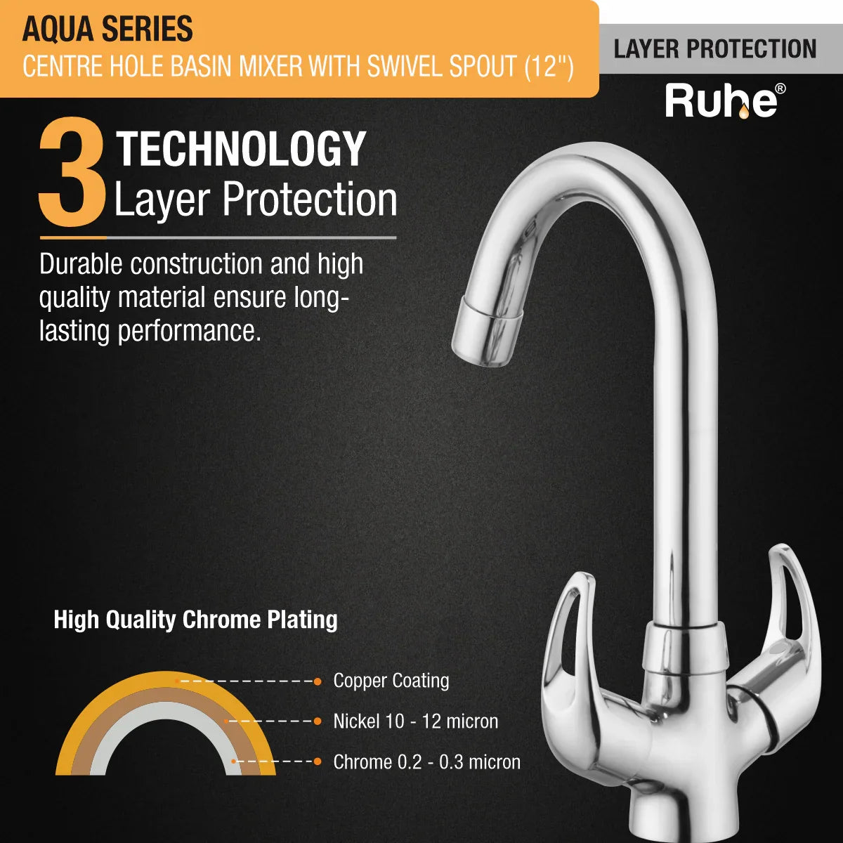 Aqua Centre Hole Basin Mixer with Small (12 inches) Round Swivel Spout Faucet 3 layer protection