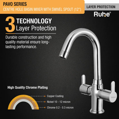 Pavo Centre Hole Basin Mixer with Small (12 inches) Round Swivel Spout Faucet 3 layer protection