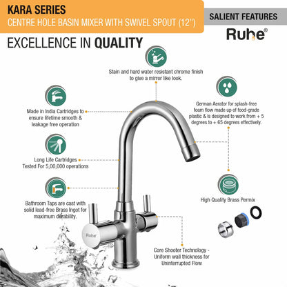 Kara Centre Hole Basin Mixer with Small (12 inches) Round Swivel Spout Faucet features and benefits