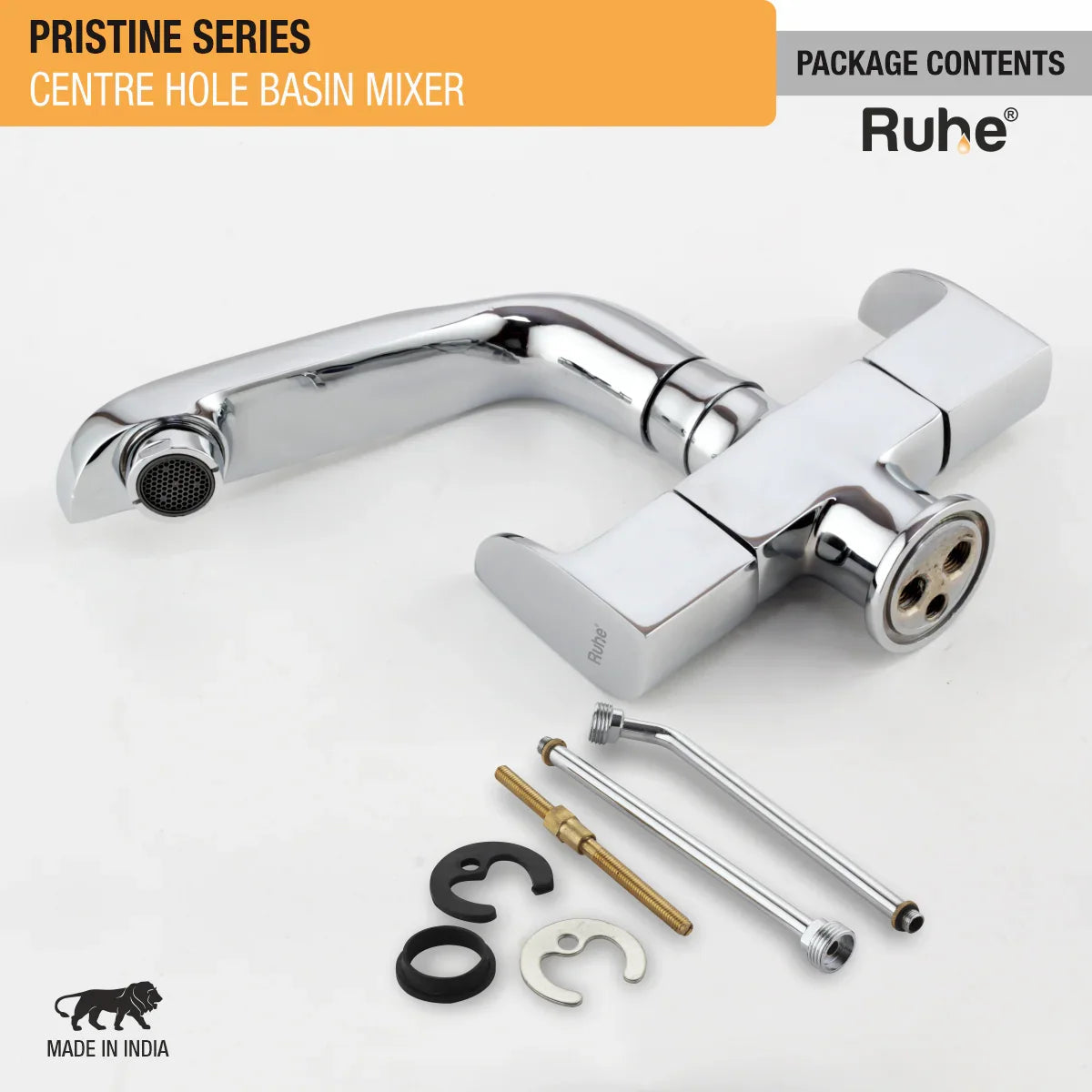 Pristine Centre Hole Basin Mixer with Small (7 inches) Swivel Spout Faucet package content
