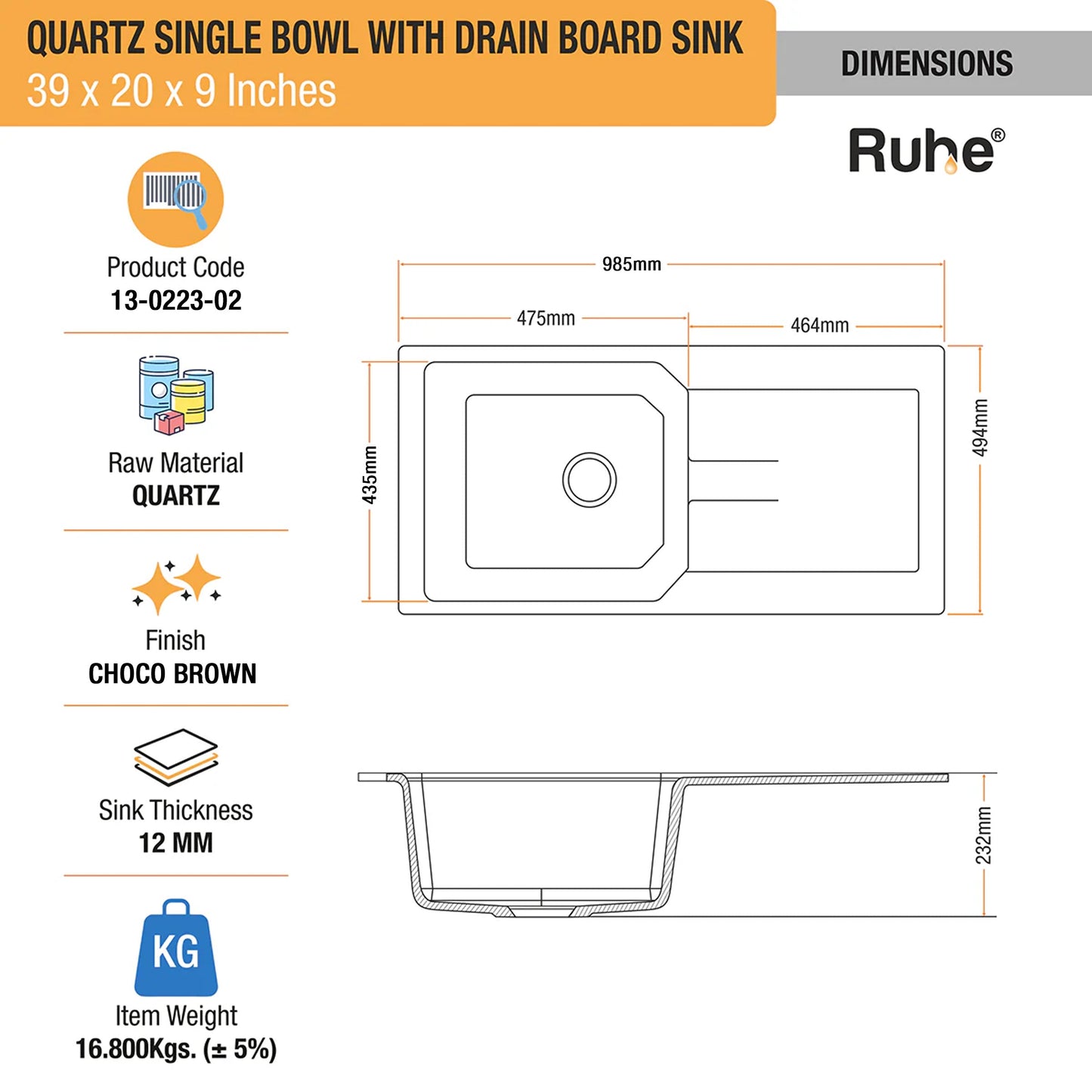 Quartz Single Bowl with Drainboard Kitchen Sink (39 x 20 x 9 Inches)