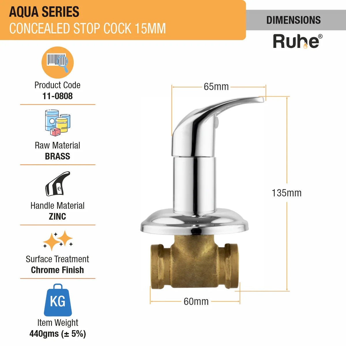 Aqua Concealed Stop Valve Brass Faucet (15mm) dimensions and size