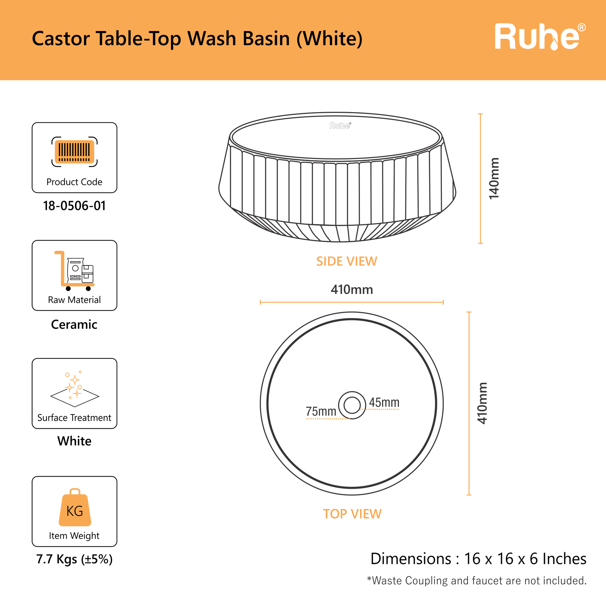 Castor Table-Top Wash Basin (Dimensions)