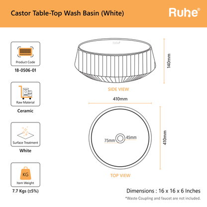 Castor Table-Top Wash Basin (Dimensions)
