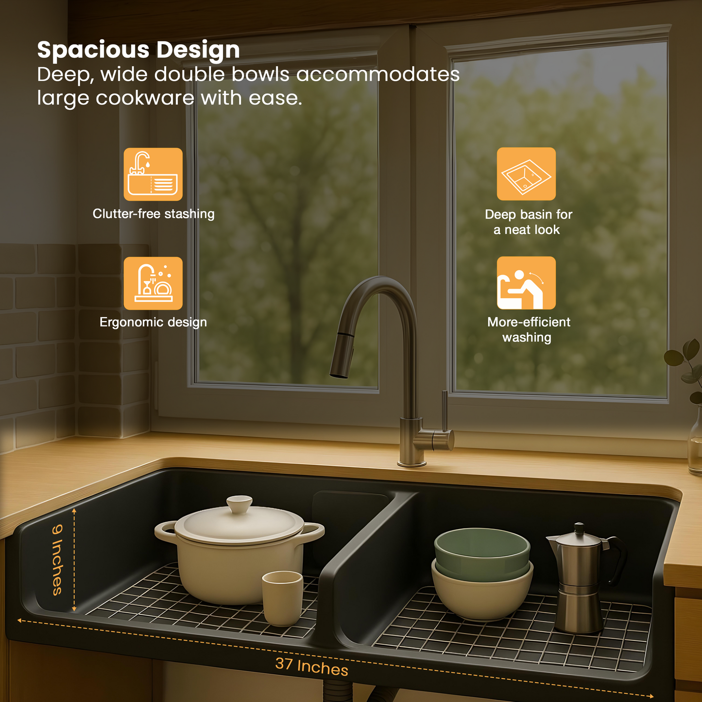 Choco Brown Quartz Double Bowl Kitchen Sink (37 x 18 x 9 Inches) (Depth)