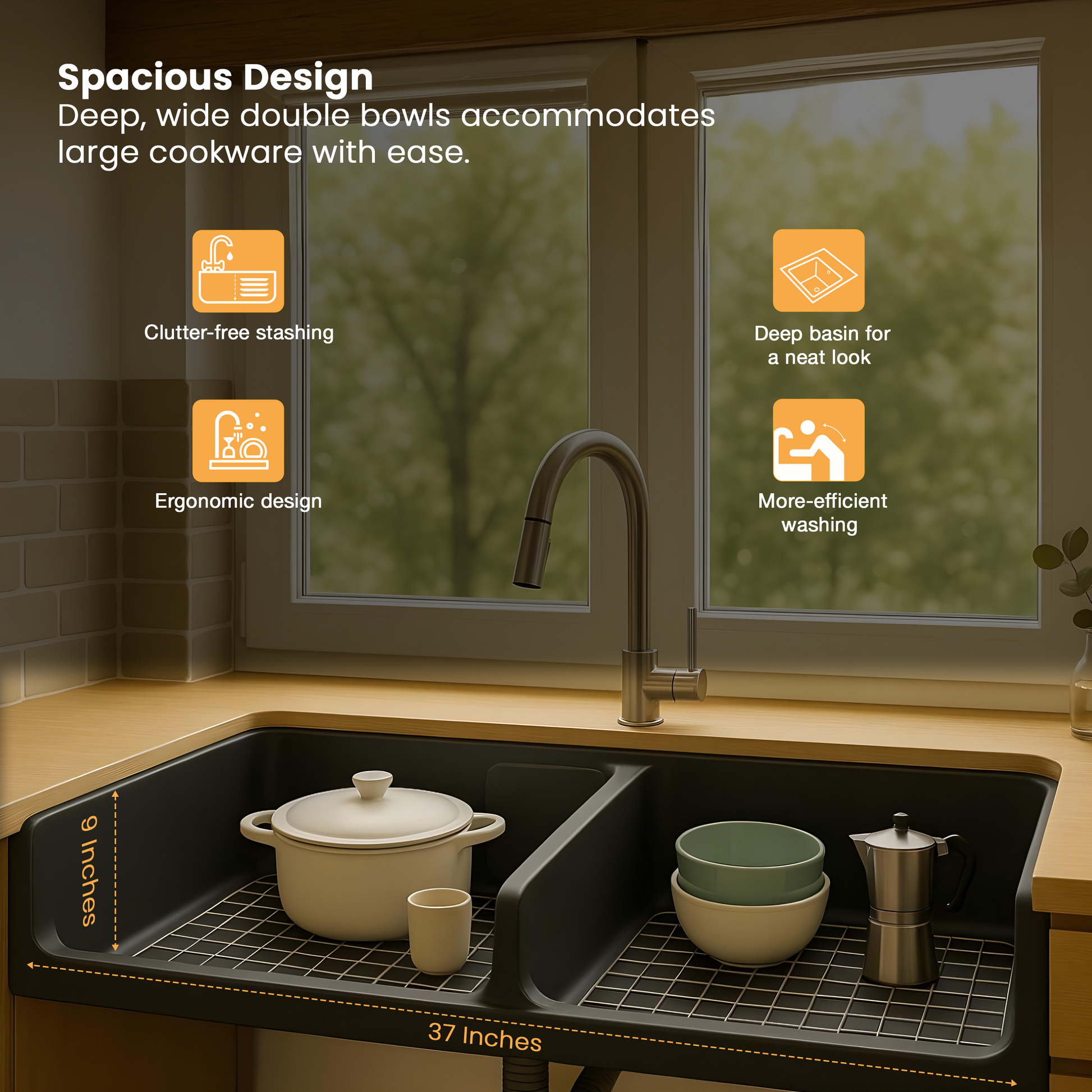 Choco Brown Quartz Double Bowl Kitchen Sink (37 x 18 x 9 Inches) (Depth)